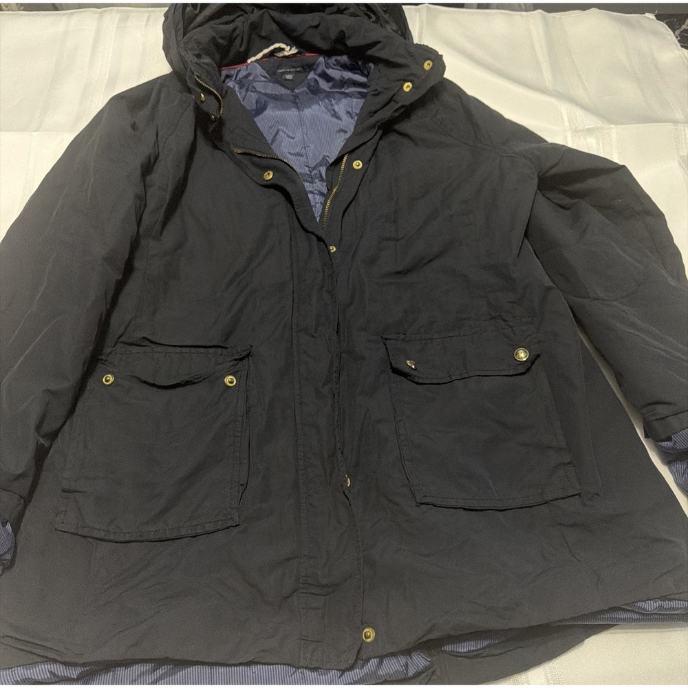 Tommy Hilfiger Womens Navy Blue Utility Parka Hooded Jacket Pinstripe Lining L